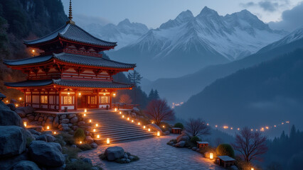 Naklejka premium Serene Japanese Temple, Mountain View - Tranquil scenes