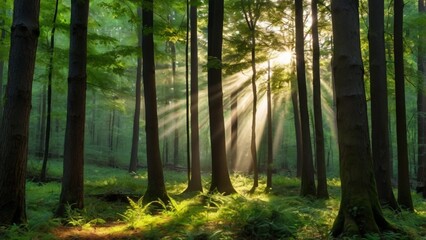 Obraz premium Beautiful rays of sunlight in a green forest. Sunlight streaming through trees in a lush green forest, creating magical rays in the misty air