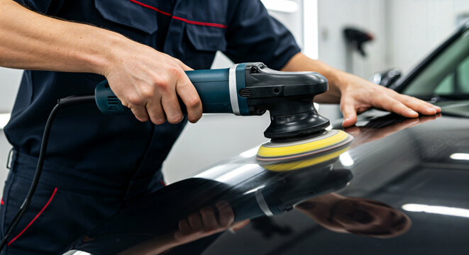 Auto detailer polishing black car surface with orbital buffer in service garage