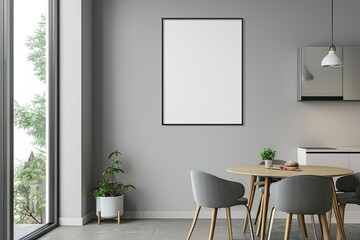 Corner of a Kitchen with a Table,Gray Chairs and a Poster Hanging on a Light Gray Wall