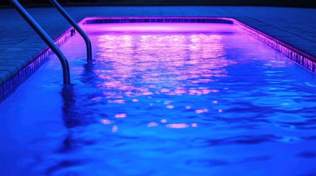 A backyard pool illuminated by colorful underwater lights at dusk.
