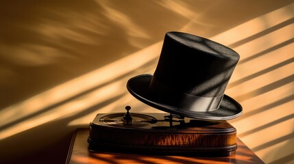 A black top hat resting on a vintage gramophone in a dimly lit room.