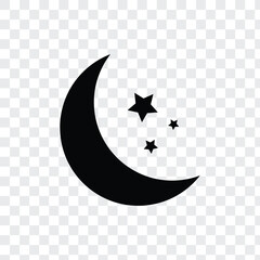 Crescent moon icon collection features varied crescent designs with stars, decorative patterns in black with transparent background.