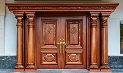 Obraz premium A richly detailed wooden door with symmetrical carvings, highlighted by brass handles 