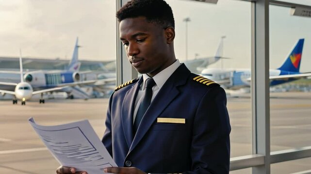 Airline Pilot Briefing: A confident pilot in uniform meticulously reviews pre-flight paperwork before a journey, standing in front of a sleek passenger airplane ready for take-off.