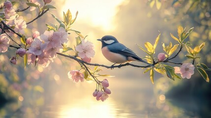Obraz premium A tranquil sunrise scene with a branch full of blooming flowers, where a small bird rests peacefully. The layers of branches and blossoms create a romantic spring ambiance.