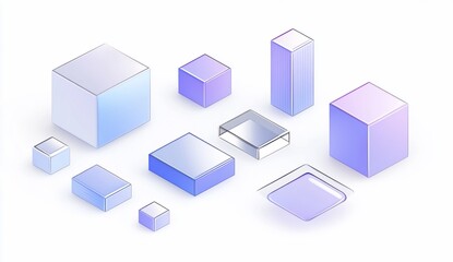 Obraz premium Isometric illustration of various sized cubes and rectangular prisms in shades of blue and purple.