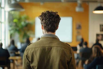 Fototapeta premium Man with curly hair, back view, olive jacket. Perfect for illustrating concepts of presentations, lectures, or workshops.