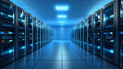 Fototapeta premium Long row of servers in a data center with blinking lights and cables