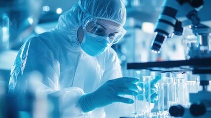 Scientist examining samples in sterile lab, microscope background