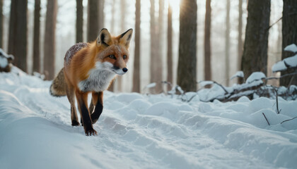 Obraz premium Red fox mid-stride on snowy forest path with delicate pawprints and crisp lighting