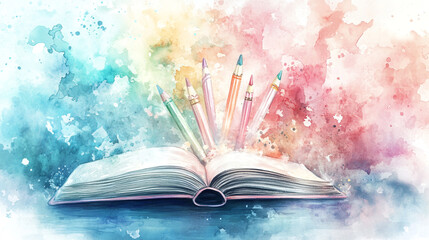 Colorful watercolor illustration of an open book with colorful pencils, creativity, inspiration watercolor painting of old books, abstract design for decorate colorful background.