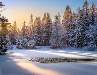 A serene winter scene with a frozen lake reflecting the golden light of the setting sun. Towering snow-covered pine trees line the shore, creating a picturesque winter wonderland.