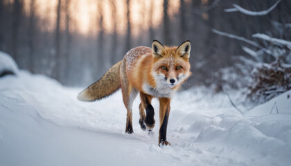 Obraz premium Red fox mid-stride on snowy forest path with delicate pawprints and crisp lighting