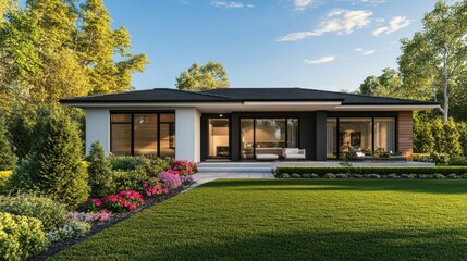Naklejka premium Modern Home Exterior Surrounded by Lush Greenery and Beautiful Flowers