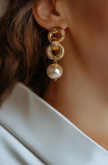 a close-up of a person's ear adorned with a large, gold, leaf-shaped earring