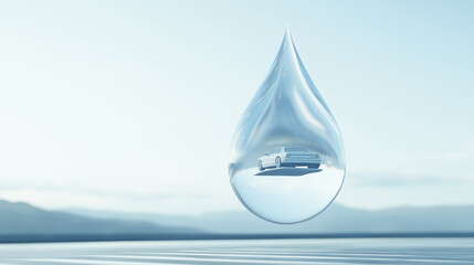 Water Drop with Vehicle: A futuristic vehicle rests inside a large, crystal-clear water droplet against a serene, misty mountain landscape.