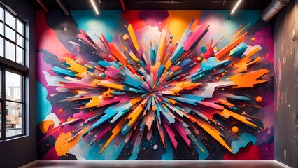 Vibrant abstract explosion mural in a modern interior space.