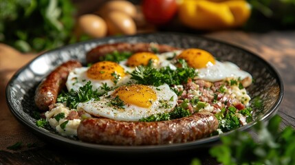 Delicious Breakfast Plate with Sausages and Fried Eggs on Table