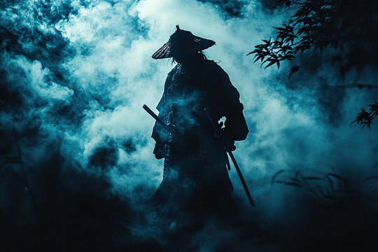 Front view of a samurai warrior wearing a traditional conical hat and dark clothing standing against a background of thick smoke in the dark. Samurai with a katana.