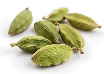 Green cardamom pods and seeds isolated on a white background. Dried cardamom spice.
