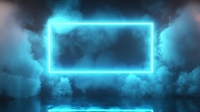 Dark smoky environment with neon blue rectangular frame hovering above a glossy reflective surface