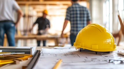 Yellow Hard Hat Rests on Construction Blueprints