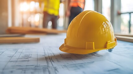 Yellow Hard Hat Rests on Construction Blueprints