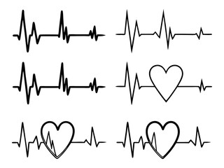 Black heartbeat line collection with heart symbol, cardiology, medical pulse, ECG, EKG design, healthcare clipart vector illustration, health monitoring, digital heartbeat graphics