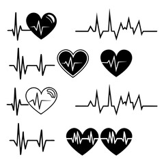 Black heartbeat line collection with heart symbol, cardiology, medical pulse, ECG, EKG design, healthcare clipart vector illustration, health monitoring, digital heartbeat graphics