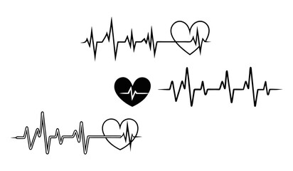 Black heartbeat line collection with heart symbol, cardiology, medical pulse, ECG, EKG design, healthcare clipart vector illustration, health monitoring, digital heartbeat graphics