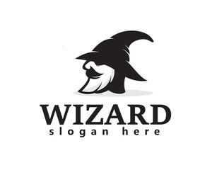 creative bearded man with wizard hat logo design