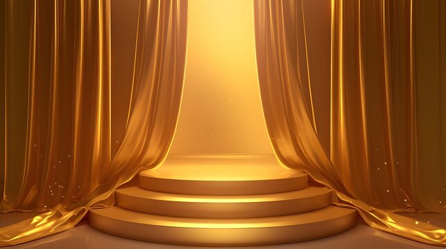 Elegant podium design with golden curtains for a professional presentation backdrop.