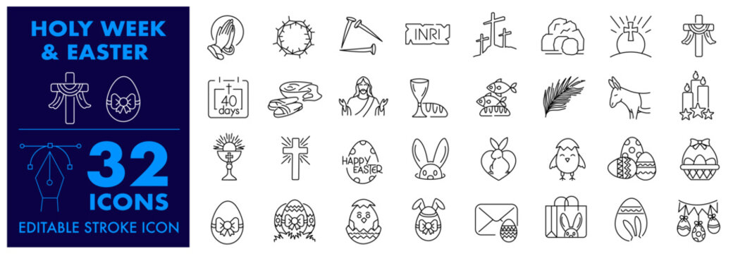 Holy Week Icons and Happy Easter Icons, Palm Sunday, Jesus, Holy, Catholic, Good Friday, Lent, Concept, Easter bunny and Easter egg Cute bunnies Editable stroke icon set