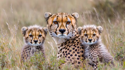 Obraz premium Mother cheetah sits protectively with her two young cubs in the dry grass of the African savanna during the day.
