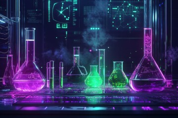 A futuristic lab scene of a glowing chemical reaction with neon liquids in purple and green, bubbling flasks, and sleek glass tubes. The dark background features faint molecular diagrams and formulas.