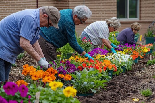 A group of seniors engage in gardening, planting colorful flowers in neat rows. Their hands work diligently, fostering community and nature's beauty.