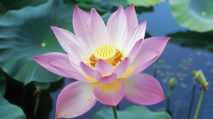 Pink lotus blossom blooms in pond, serene garden background, spa imagery