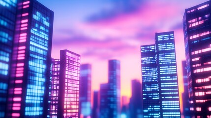 Vibrant city skyline at sunset with illuminated skyscrapers and colorful clouds in the background