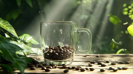 Transparent glass cup filled with roasted coffee beans surrounded by lush green foliage and sunlight rays