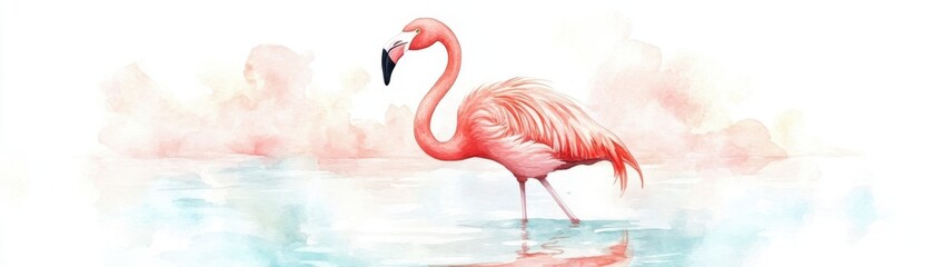 Fototapeta premium A beautiful pink flamingo elegantly standing in serene water, surrounded by soft pastel clouds, capturing the grace of wildlife in nature.
