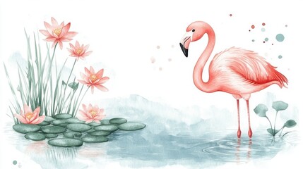 Obraz premium A beautiful pink flamingo stands gracefully by serene water lilies, embodying tranquility and elegance in a vibrant natural setting.