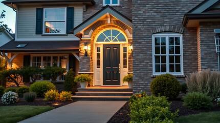 Obraz premium Brick House Exterior at Night: Inviting Entrance, Landscaped Garden, and Warm Lighting