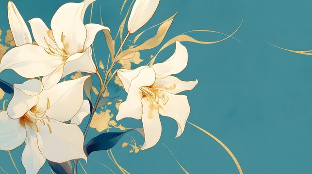 Elegant white lilies with golden leaves set against a teal backdrop, creating a refined visual.
