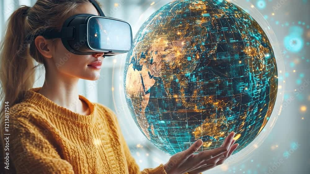 Poster exploring the virtual globe: a young woman wearing a vr headset interacts with a holographic earth, 