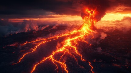 Fototapeta premium Fiery Volcanic Eruption: Aerial View of Lava Flow