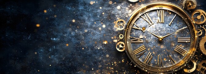 A 3D clock face with spinning gears and flying confetti, symbolizing the celebration of completing a work project