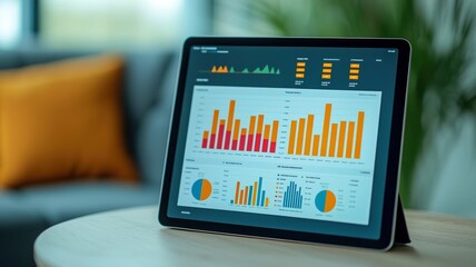Social Media Marketing Concepts. Tablet displaying colorful data visualizations on a wooden table.