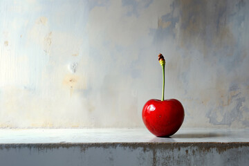 A red cherry sitting on top of a table