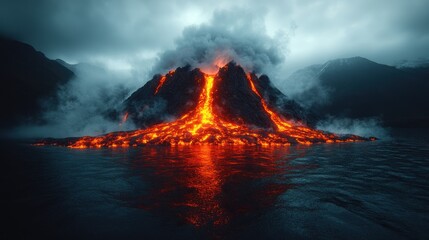Volcanic Eruption: Fiery Lava Flowing into the Ocean
